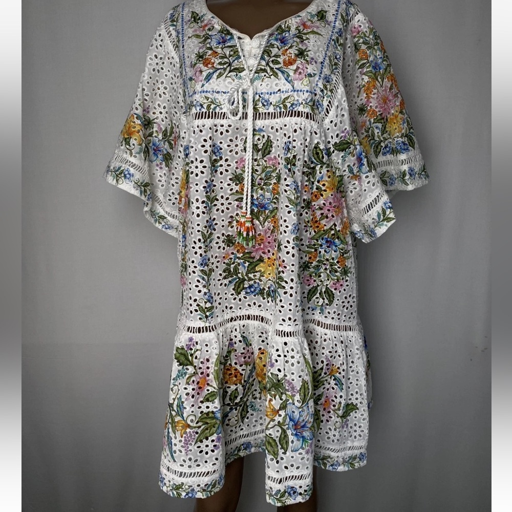 Farm Rio Womens Mini Dress Off White Size L Sweet Bloom Bouquet Eyelet Cover Up